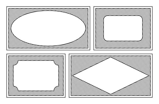 abstract geometric photo frame templates set with halftone pattern borders, blank collage layout collection for retro comic, poster and scrapbook vector design.
