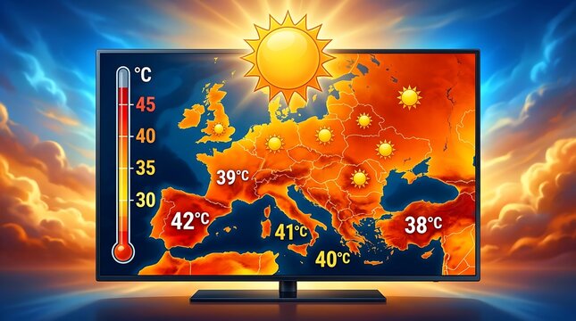 Intense european heatwave displayed on television weather map, showing cities with temperatures above 40 degrees celsius and thermometer.