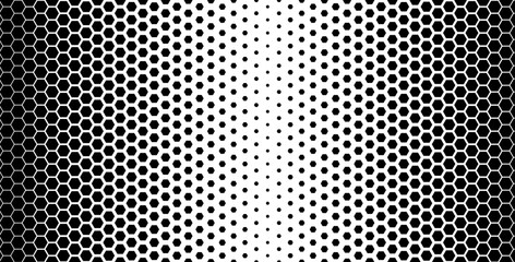 Hexagon fiber halftone with carbon texture and gradient for tech print. Black honeycomb gradation fades from dense nano mesh to tiny dots. Abstract fiber vector hexagon pattern for futuristic bg © Syuzann q