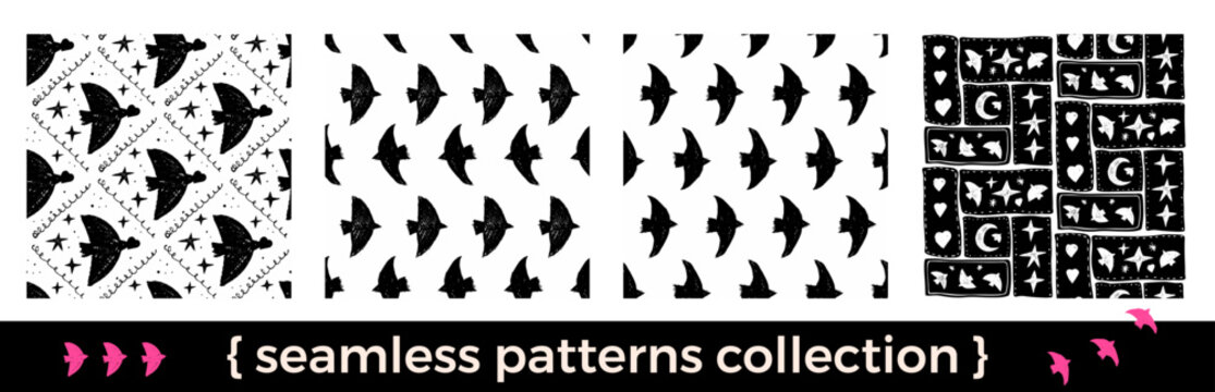 Naive bird silhouettes with hearts and crescent moon in seamless pattern. Linocut bird pattern in harlequin geometric layout for gifting. Hand drawn wrapping vector set with diamond star and contrast