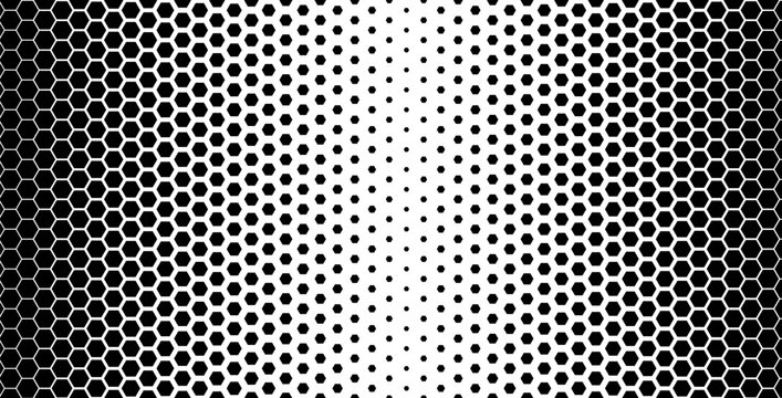 Hexagon fiber halftone with carbon texture and gradient for tech print. Black honeycomb gradation fades from dense nano mesh to tiny dots. Abstract fiber vector hexagon pattern for futuristic bg
