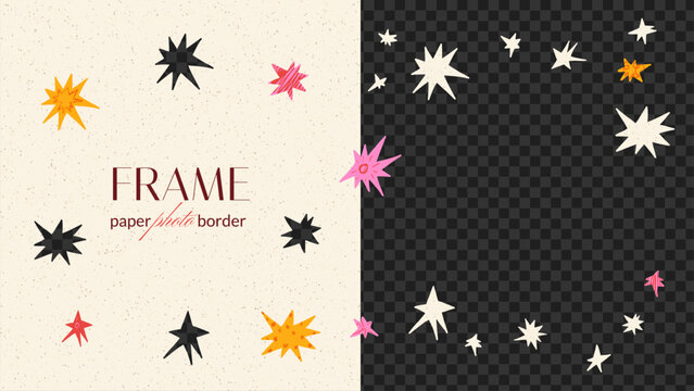 On off white paper, a photo frame with cutout stars, confetti, flat shapes, and a scattered pattern. Beige overlay with a vector texture for a poster. Modern layered paper with a romantic art layout