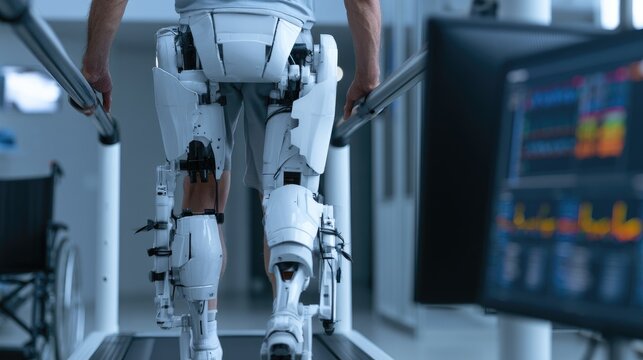 Man walks on treadmill wearing advanced exoskeleton for rehabilitation.