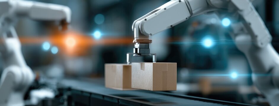 Automated Robotic Arm Picking Up Cardboard Boxes on a Conveyor Belt in a Modern Factory.