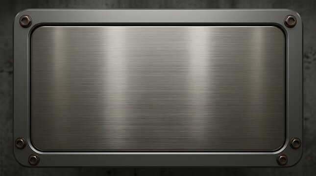 Brushed metal plate with industrial frame and bolt fasteners isolated on a dark concrete wall background for commercial signage