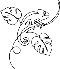Naklejka premium Continuous line of a chameleon perched on a monstera leaf branch