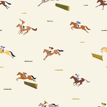 Seamless pattern of jockeys riding galloping horses and jumping hurdles on a cream background