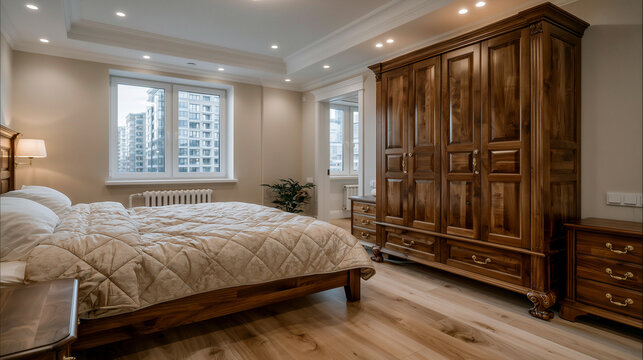 Elegant bedroom with solid walnut furniture in spacious family apartment