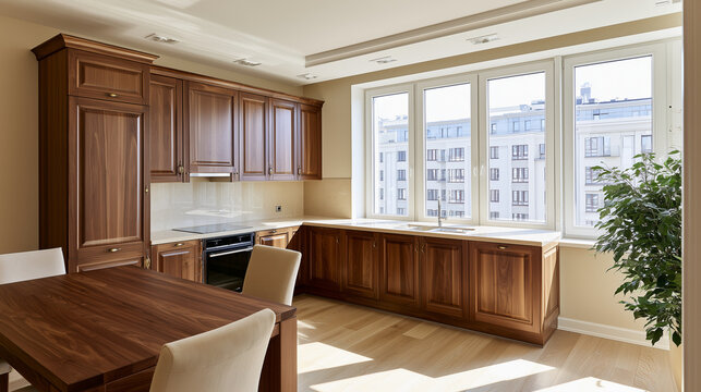 Classic walnut kitchen with dining table in elegant family apartment