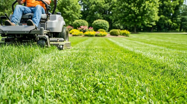Man driving zero turn lawn mower cutting green grass in sunny backyard with landscaped bushes and flower beds.