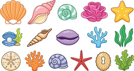 Colorful Marine Life Vector Icon Set with Seashells, Starfish, Pearl Clam, Ocean Coral Reef Elements, Seaweed, and Tropical Beach Treasures © Fahim