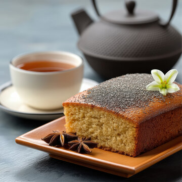 Jasmine tea cake with poppy seeds star anise teapot cup wooden plate flower cozy aromatic inviting dessert