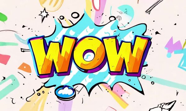 Wow comic book speech bubble with yellow and purple lettering, explosive graphic elements