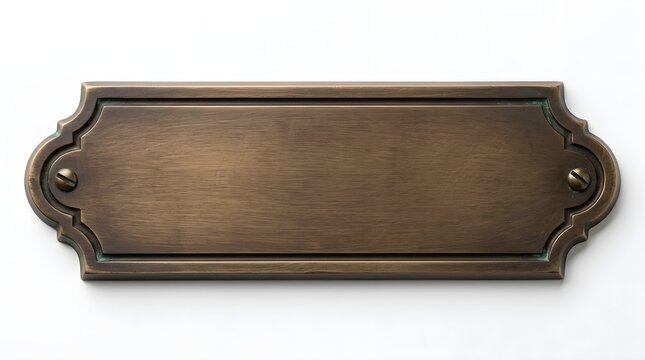 Empty bronze metal plaque with decorative edges and screws isolated on a clean white background for custom text signage