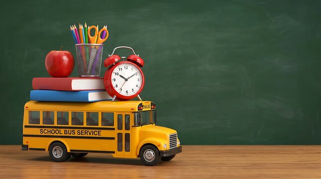 School bus toy model sitting on wooden table with stack of colorful books red apple alarm clock and pencil holder full of stationery against chalkboard background for education theme.