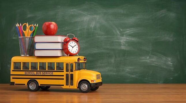 Yellow school bus toy with stack of books, apple, alarm clock, pens and scissors on table in front of green chalkboard.