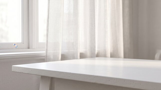 Empty white wooden table top in bright room with window and curtains for product placement mockup display background