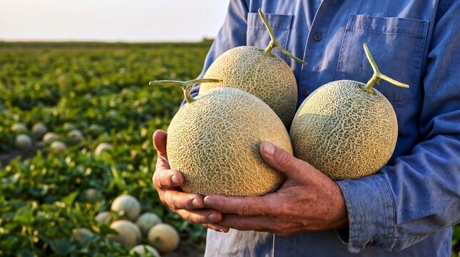 Farmer Holding Freshly Harvested Cantaloupe Melons in Hands at Sunset