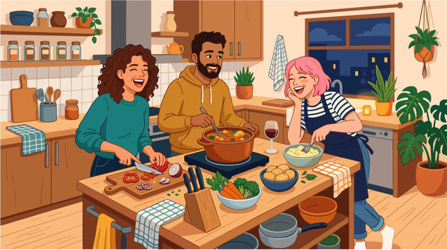 roommates preparing comfort food together after work, chopping vegetables and laughing around the kitchen island, lifestyle and friendship concept, vibrant 2D flat vector illustration