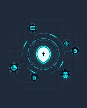 Animated Futuristic Cybersecurity HUD With Glowing Neon Shield Orbiting Tech Icons Fingerprint Crypto And Cyber Grid Loop For Digital Privacy And Network Data Protection Concep