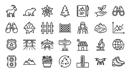 Fototapeta premium Nature wildlife and outdoor exploration line icon set.