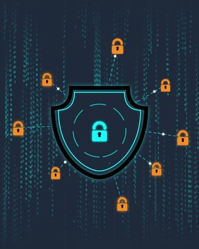 Futuristic Cybersecurity Digital Shield Animation with Glowing Padlock, Binary Matrix Rain Background, and Flowing Tech Data Circuit Nodes for Advanced Privacy Protection