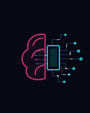 Futuristic neon artificial intelligence brain connected to a microchip with glowing circuit board paths and electric plasma data flow seamless looping animation on dark background