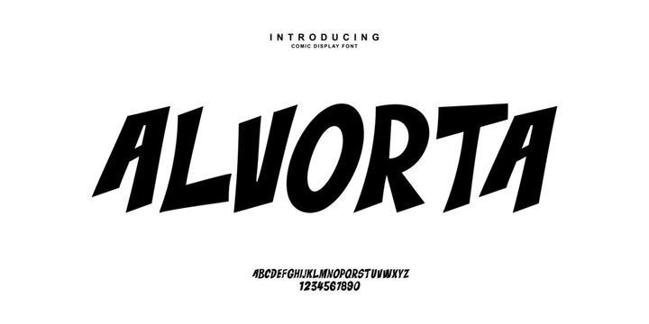 Alvorta is a bold comic display font featuring uppercase letters, numbers, and punctuation. Designed with dynamic angled letterforms and a powerful comic-inspired style, this font is ideal for comic t