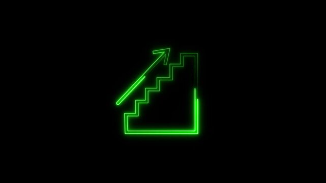 Glowing green neon style staircase with a dynamic diagonal arrow pointing upwards, representing business growth, success, and step by step progress animation.