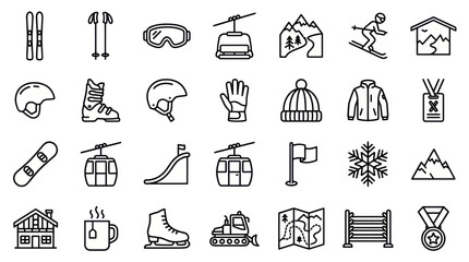 Winter sports and mountain recreation line icons. © muhammad