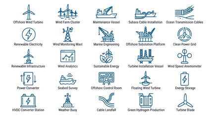 Offshore wind farm and maritime engineering labeled icons © muhammad