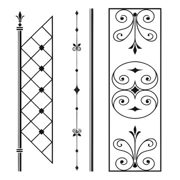 Wrought iron gate design elements collection including decorative metal fence sections with scrolls and diamond patterns plus elegant scrollwork borders and ornamental vertical railings in black set.