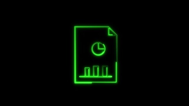 Green neon glowing document icon containing a pie chart and a column bar chart, representing business reports, financial audits, and analytical data sheets.