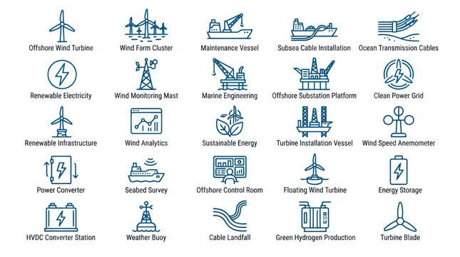 Offshore wind farm and maritime engineering labeled icons