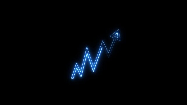 Dynamic blue neon glowing zigzag line graph with an arrowhead pointing upwards, representing stock market recovery, rapid progress, and business growth fluctuations.