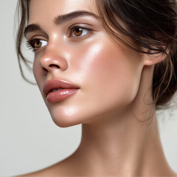 Beautiful oval face soft dewy skin natural makeup glowing complexion brown eyes glossy lips youthful feminine serene