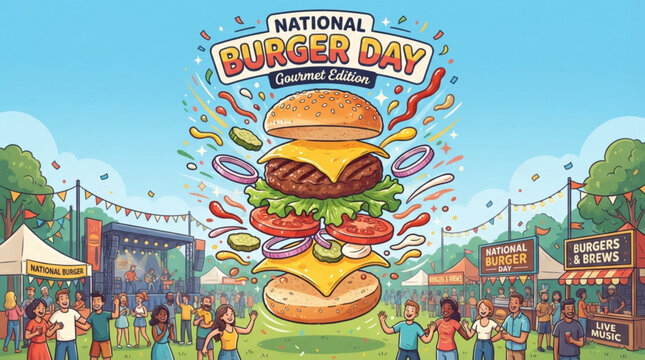 Cartoon national burger day celebration with giant exploding fast food sandwich at outdoor food festival with music with celebrating burger holiday