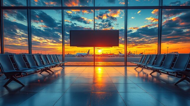 Airport terminal view at sunset through glass wall