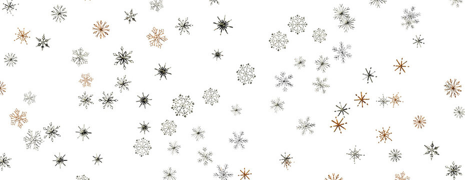 A festive pattern of scattered snowflakes in various sizes and colors.