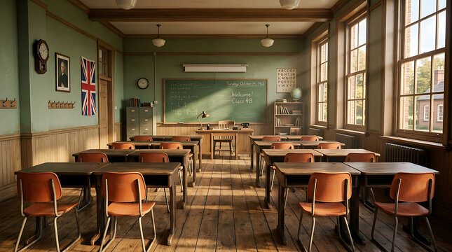 Vintage school cafeteria with empty tables and chairs