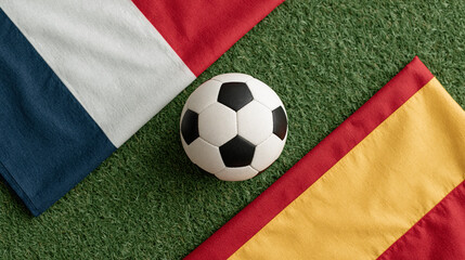 Naklejka premium Top down view of a soccer ball on green grass pitch with national flags of France and Spain for an international football match tournament background