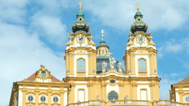 Scenic view of the majestic baroque Melk Abbey monastery on a rocky hill, Austria