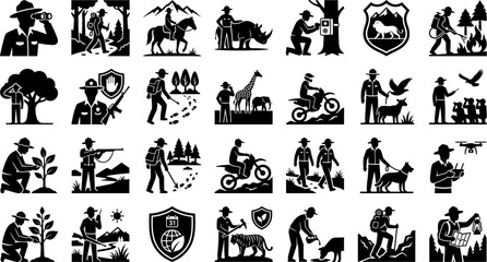 Ranger Icons Depicting Wildlife Conservation And Patrol Activities On Transparent Background forest savanna © MdJahangir
