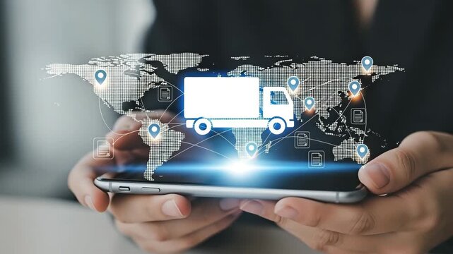 Digital representation of global logistics and delivery network on a smartphone screen for the concept of modern transport and global commerce.