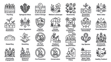 Naklejka premium Peatland restoration and carbon storage environmental icons