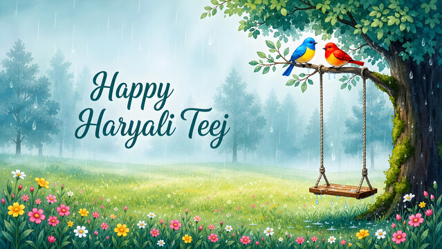 Colorful Haryali Teej festival scene with women celebrating outdoors. Traditional attire and joyful mood.