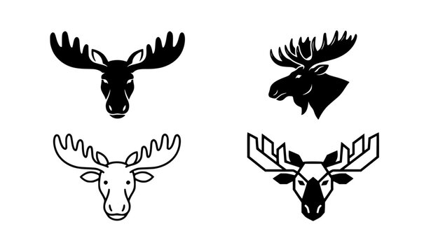 Moose Head Silhouette and Outline Vector Set with Antler Wildlife Logo Illustrations