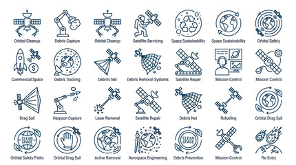 Fototapeta premium Orbital debris removal and space mission control icons.