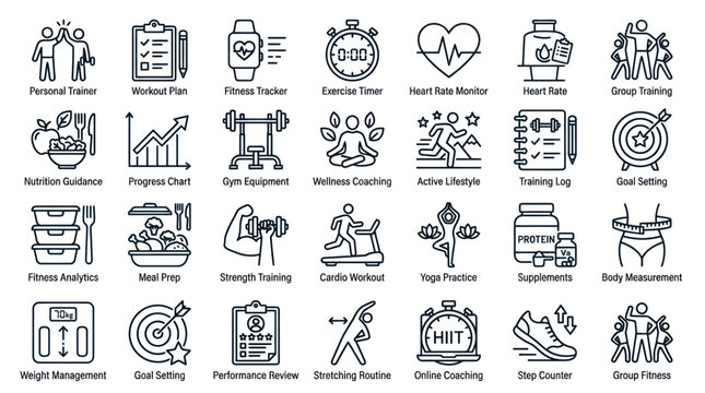 Personal training and gym workout linear icon collection.