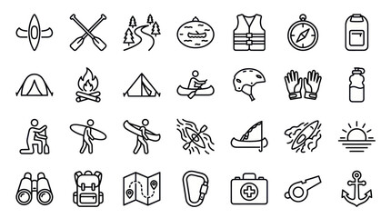 Fototapeta premium Outdoor adventure and camping activity thin line icons.